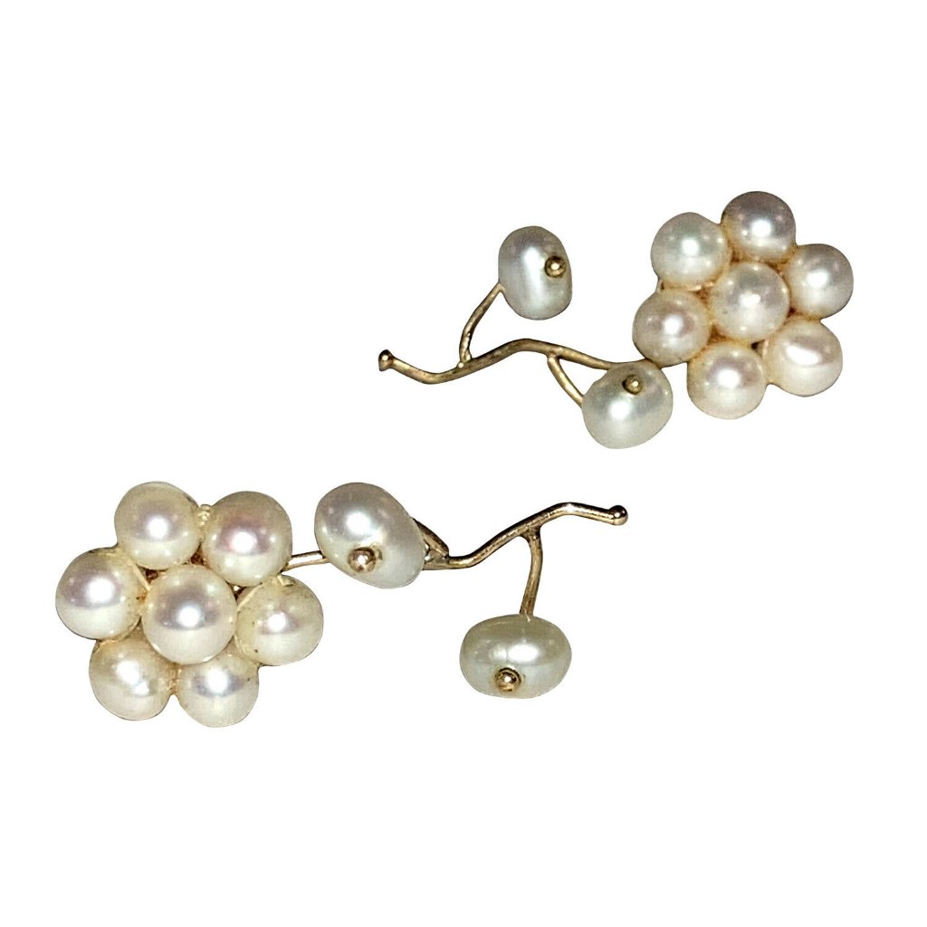 Hand Made 14 Kt Gold Cultured Pearl Flower Earring